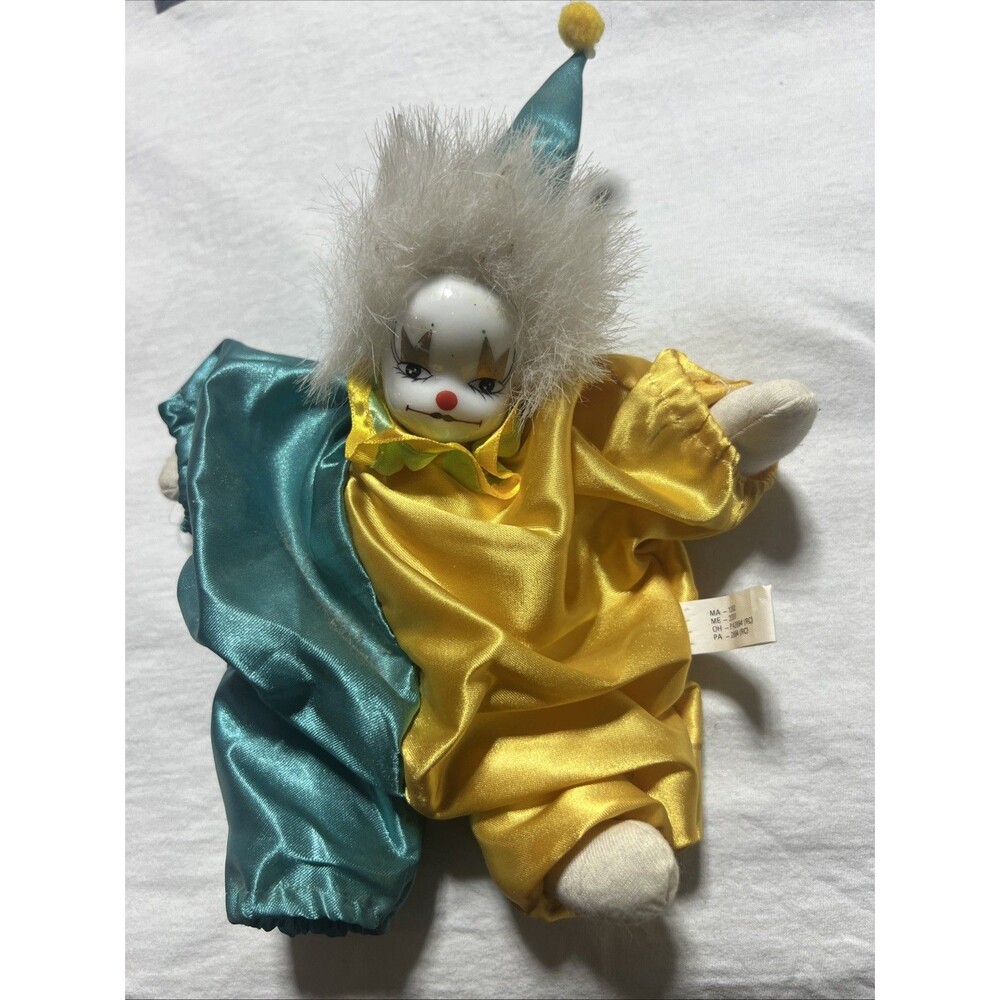 Vintage Mangelens Corp Porcelain Face Clown Blue Yellow Jumpsuit